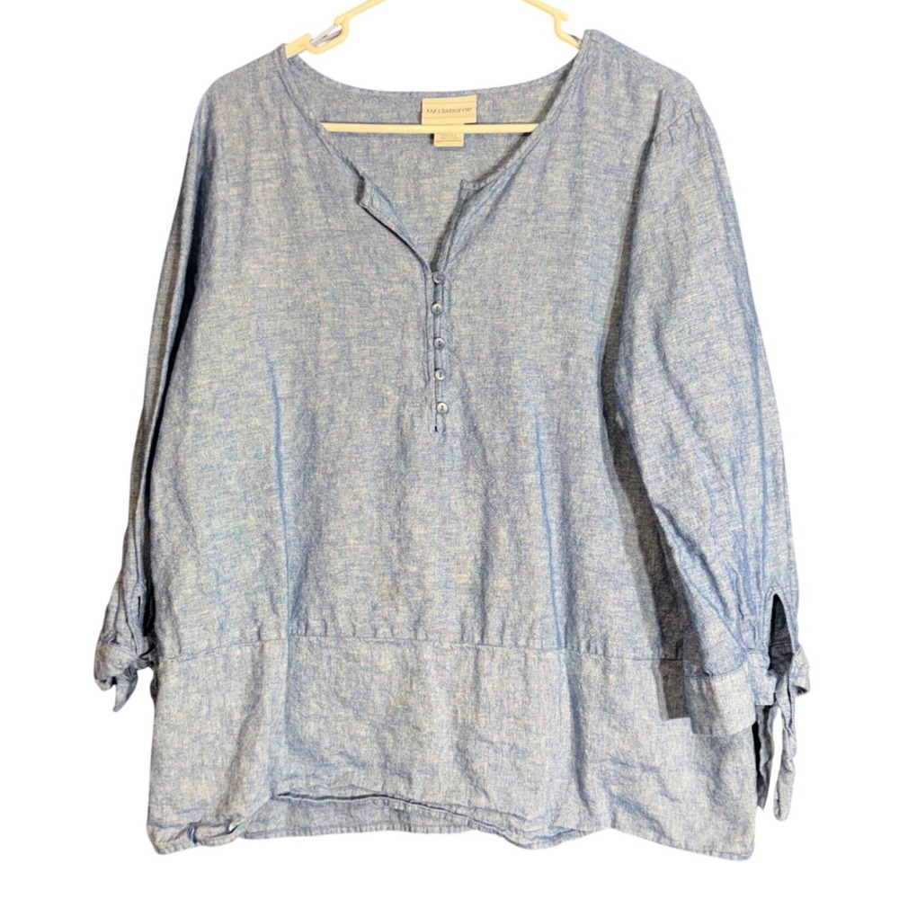 Liz Claiborne Womens Size XL Blue Linen Blend Peasant Blouse Roll Tie Sleeve Top - Picture 2 of 10